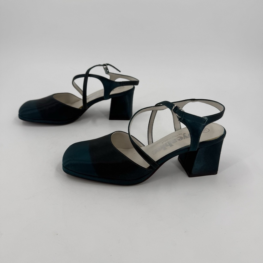 Teal Satin Strappy Block Heel Pumps Bridal Wedding Formal Evening Sz 8.5